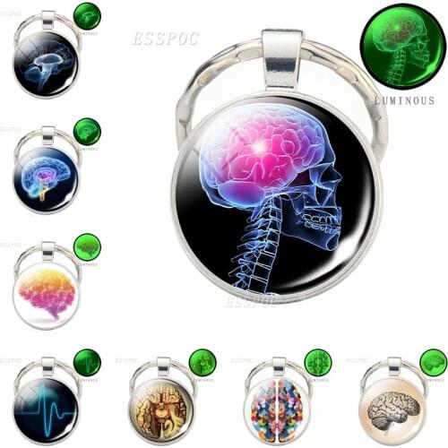 Luminous Skull Brain Keychain Body Anatomy Keychains Glowing ECG Heart Brain Glass Cabochon Jewelry Key Chain Holder Doctor Gift