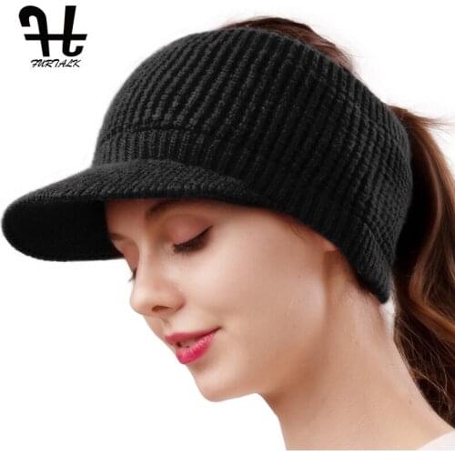 FURTALK Ponytail Beanie Hat Women Winter Knitted Hat High Messy Bun Hats for Female Fleece Cap Winter Black Cap Sportswear