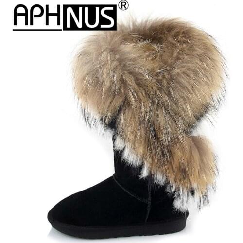 APHNUS Womens Boots Winter Fur Snow Ankle Short Flats Mid Calf Knee Woman 2020 Shoes For Women New Black Brown booties Boot
