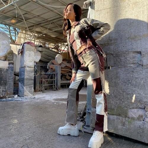 2021 New Brown Cowgirl Striped Stitching Jeans Street Casual Hip-hop High Waist Loose Straight Leg Jeans Women Fashion Pants