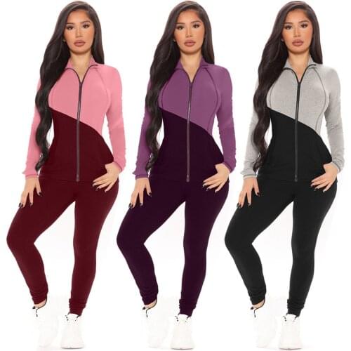 Women Patchwork Sportswear Sets Chandal Mujer Invierno Lounge Homewear Long Sleeve Lapel Zip Pocket Tops+Pants Tight Sports Suit