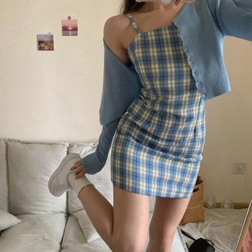 25# Korean Style Dresses Women Plaid Print Harajuku Dresses Lattice Sexy Dress Sleeveless Strap Dress Mini Suspender Dresses