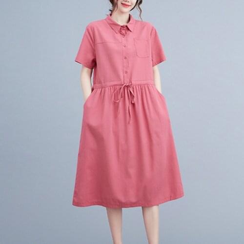 2021 New Arrival Short Sleeve loose Summer Dress Cotton Linen Korea Style Draw String Blouse Dress Women Travel Casual Dress