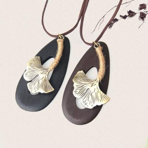Johnature Oval Wood Metal Necklace Ginkgo Leaves Hemp Rope Original 2020 National Style Handmade Women Vintage Necklace
