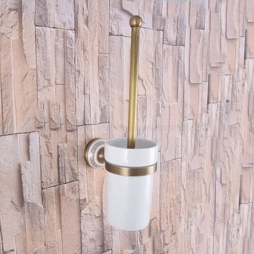 1 Set Antique European Style Brass Bathroom Carving Toilet Brush Set Holder Brush with Ceramic Cup zba584