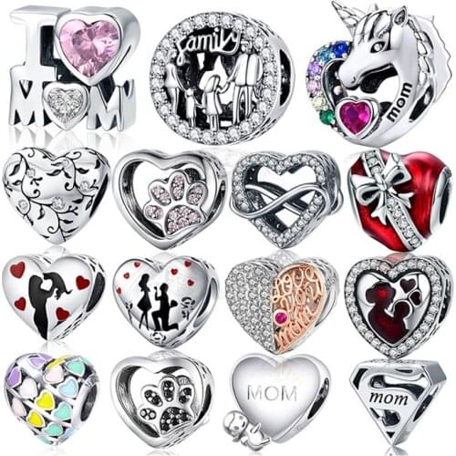 100% 925 Sterling Silver Mother Mom Dad Sister Heart Bead Fit Charms Silver 925 Original Bracelet Family Beads Jewelry Making