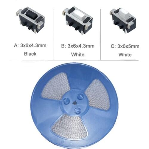 1500pcs/coil 3*6*4.3/4.5mm 2 pin SMD Push Button Switch 3x6x4.3/4.5 mm Tact Switch Black White