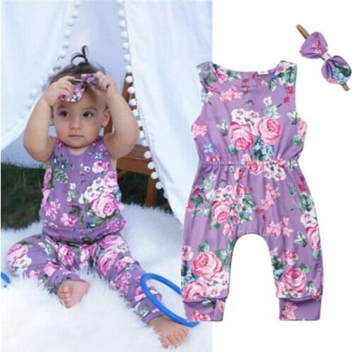 Toddler Baby Girls clothes round neck sleeveless Floral print Romper Geometry Bow Headband 2pc kids cotton lovely Outfits
