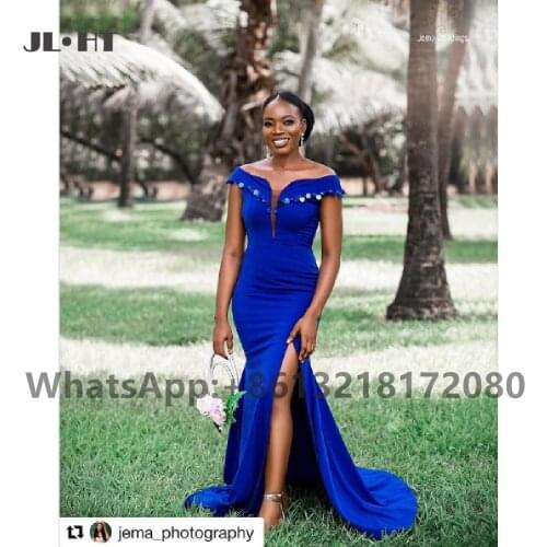2021 Plus Size Off Shoulder Bridesmaid Dresses Long Mermaid Wedding Party Elastic Satin African Royer Blue Bridesmaid Dresses