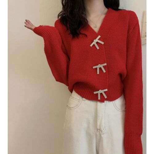 2021 Spring Autumn Knitted Sweater Bowknot V-neck Fashion Casual Cardigan Top Women