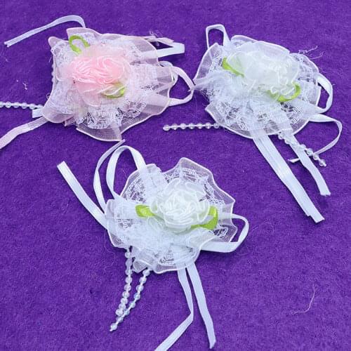6pcs 60mm Organza Flower Heads With Green Leafe Handmade DIY Breast Hairbow Sewing Garments Materials