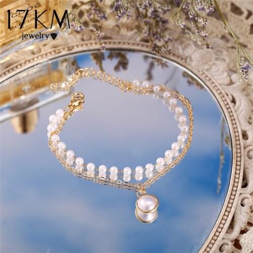 17KM Fashion Multi-layer Pearl Pendant Bracelet For Women Girls Cute Gold Silver Color Chain Bangles Bracelets Jewelry Gift