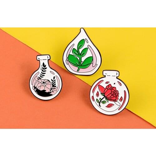 Plant bottle enamel pins Red pink flowers badges brooches Lapel pin Jackets backpack bag Sweet Fashion Jewelry gifts for women