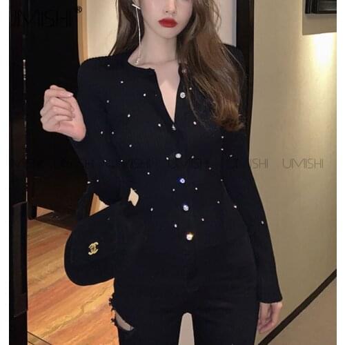 Black Diamond Button Long-Sleeved O-Neck Womens Cardigan New Autumn 2021 Knitting Sweater Elegant Shiny Fashion Slim Wrap Tops