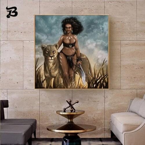 Canvas Painting for Living Room American Black Plump Woman Lion Knife Canvas Posters and Print Wall Art Pictures Home Decoration