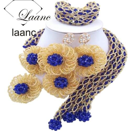 Royal Blue and Gold Crystal Beaded African Jewelry Set Dubai laanc AL045