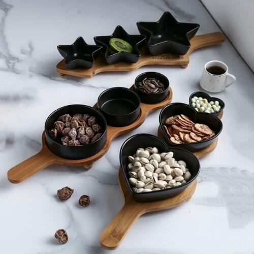 Creative Ceramic Separated Snack Platter Fruit Plate Bamboo Tray Japanese Tableware Afternoon Tea Snack Dish Love Candy Plate