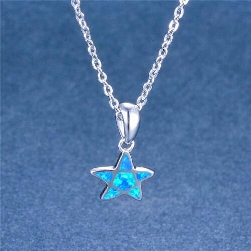 Cute Five-pointed Star Pendant White Blue Opal Necklaces For Women 925 Silver Birthstone Boho Jewelry Fashion Pentagram Necklace