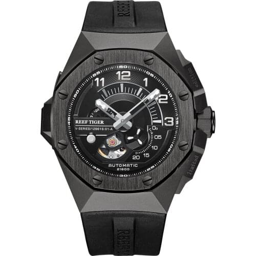 Reef Tiger men automatic watch,black mens watches 10ATM waterproof punk mechanical wristwatch sekelton luminous sapphire RGA95S7