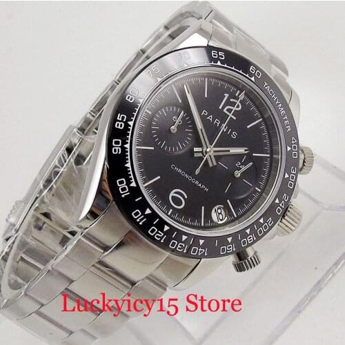 PARNIS 39mm Chronograph Quartz Mens Watch Polished Stainless Steel Case 24 hours Bracelet Clasp Sapphire Glass