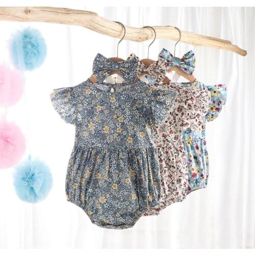 0-24M Cute Newborn Infant Baby Girls Fly Sleeve Floral Printed Rompers Top+Headband 2pcs Outfits Summer Toddler Clothing