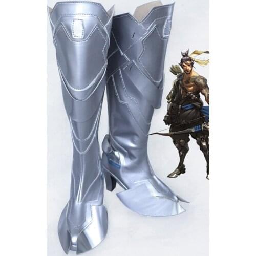 OW Shimada Hanzo Silver High Heels Game Cosplay Boots Shoes Men Cosplay Costume Party Shoes Custom Made Boots