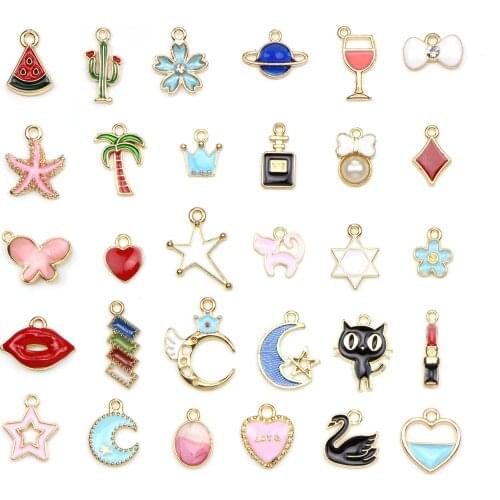 30pcs/set Alloy Enamel Semicircular watermelon Wine glass Lipstick Star moon Red lips Charms Pendant Jewelry Making Decoration