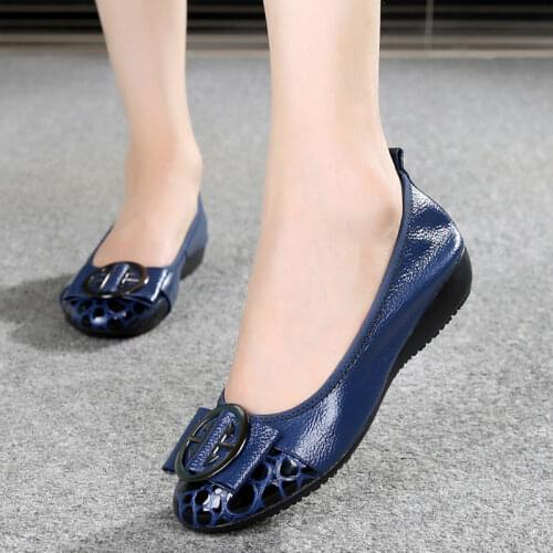 Spring Autumn Genuine Leather Women Ballet Flat Shoes With Slip-On Soft Metal Decoration Boat Shoes Women Flats