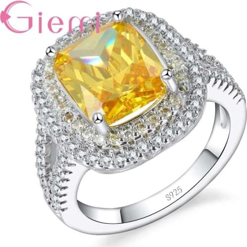 Retro Yellow Square Jewlry Fashion Wedding Ring Micro Inlay Full Round Cubic Zircon Stone Pure 925 Sterling Silver Rings