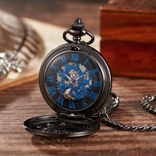 Luxury Hollow Carved Antique Black Pocket Watch FOB Chain Necklace Pendants Roman Numerals Watch