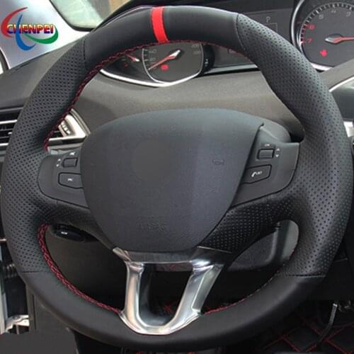 DIY Hand-Stitched Non-slip Black Leather Car Steering Wheel Cover For Peugeot 208 2008 308S Car Interior Accessories