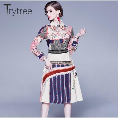 Trytree Autumn Winter Dress Casual Woman Dress Turn-down Collar Panelled Fashion Elegant print Button Office Lady A-line Dress