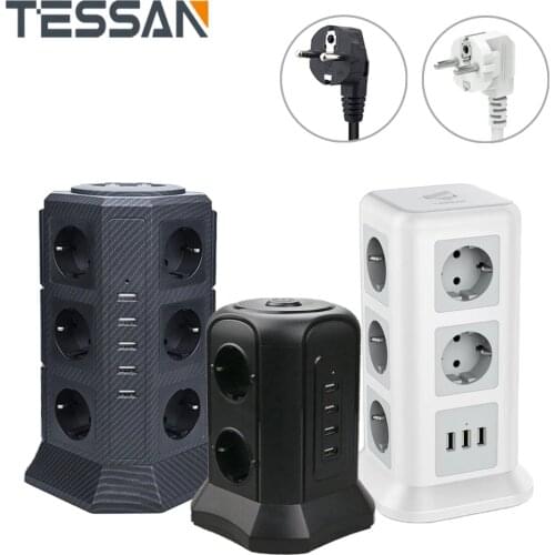 TESSAN EU Power Strip Tower with 6 AC Outlets + 4 USB Charger Adapter Extension Power Socket For charger EU plug