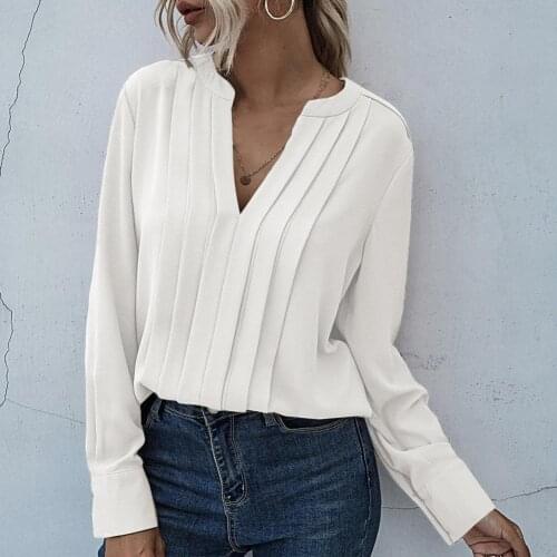 Womens Shirt Solid Color Long Sleeve Casual Pleated Shirt V-neck Loose Shirt Office Lady Werkkleding Lente Loose Chic Tops