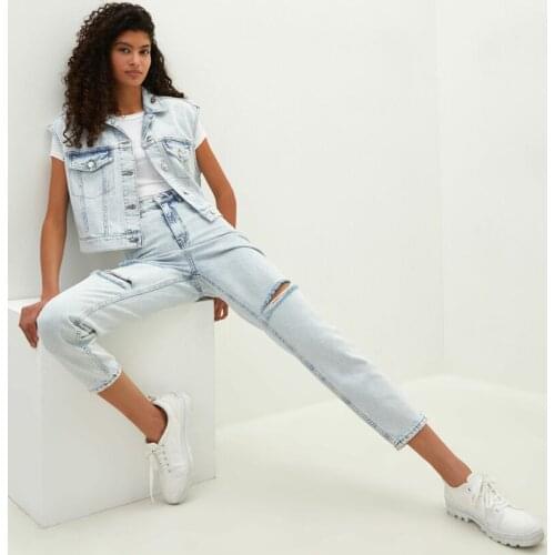 High Waist Ripped Detail Womens Rodeo Jeans 100% Cotton Denim Street Casual Style Fashion