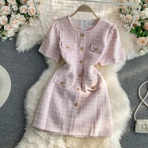 2021 summer Korean version of the new ladies round neck single-breasted small fragrance elegant tweed short-sleeved dress trend