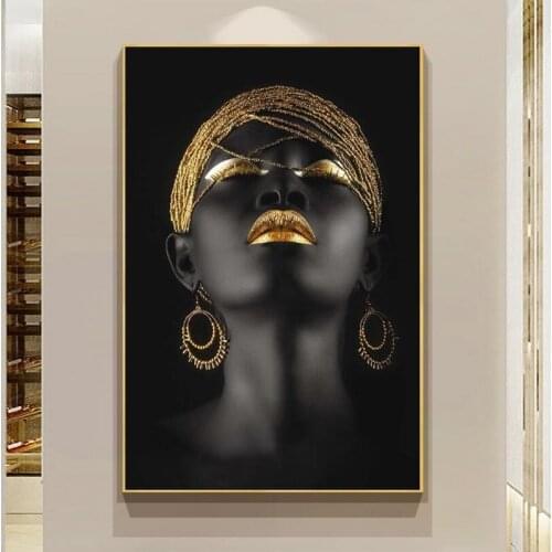 Golden Black Scandinavian Wall Art Poster Modern Art African Woman Portrait Paintings on Canvas and Print for Living Room Decor