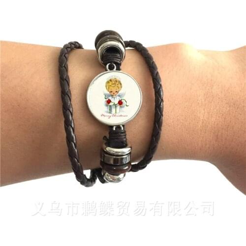 20mm Round Glass Cabochon Christmas Angel Adjustable Leather Bracelet For Friends 2 Color Leather Cords Can Be Selected