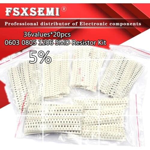 36Values*20pcs=720pcs 0603 0805 1206 SMD Resistor Kit Sample bag 5% 1ohm~10M ohm SMD resistors Assorted Kit 1R 1K 100K 10k 1M