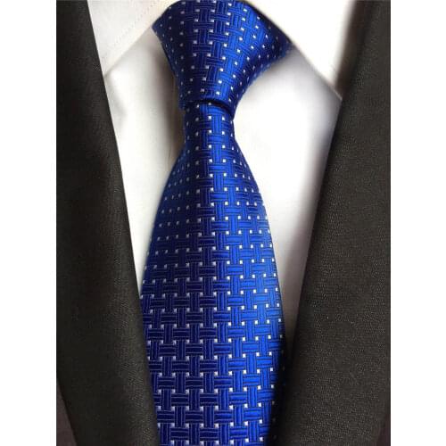8cm Classic Woven Tie Stylish Blue Necktie with White Grids Geometric Pattern