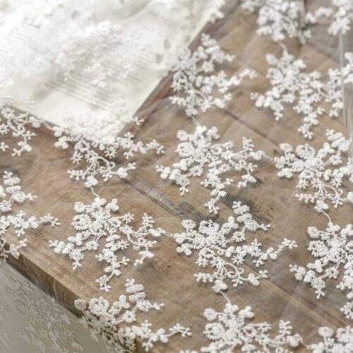 WHITE Cotton Embroidery Lace Flower Floral Nylon Mesh Soft Fabric for Girl Wedding Summer Blouse Dress Tablecloth Craft Decor