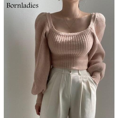 Bornladies 2021 Autumn Winter Sexy Square Collar Pullover Basic Warm Sweater for Women Korean Soft Kniited Solid Sweater Tops