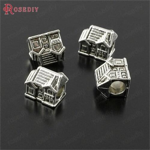 E404)30 pieces 10.5x7x9.5mm,hole 4mm Antique Silver Zinc Alloy House Large Hole Beads Spacer Beads Jewelry Findings Accessories