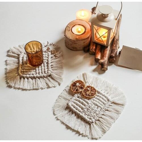 Cup Table Mat Handmade Square Coaster Heat-resistant Thick Water-absorbing Dining Table Mat with Tassel For Kitchen