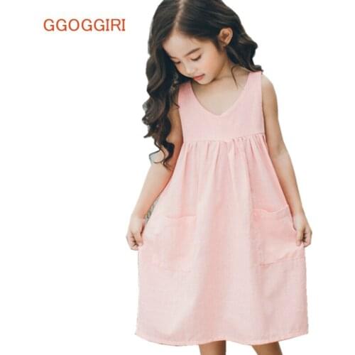 GGOGGIRI Brand Chlidren Clothing New Girls Summer Casual Pink Pocket Solid Mid-calf Cotton Sweet Quality Vest Dresses
