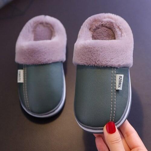 New Winter Children Shoes For Boys Girls Cotton Slippers PU Leather Baby Kids Indoor Flat Warm Shoe Fashion Home Hairy Slippers