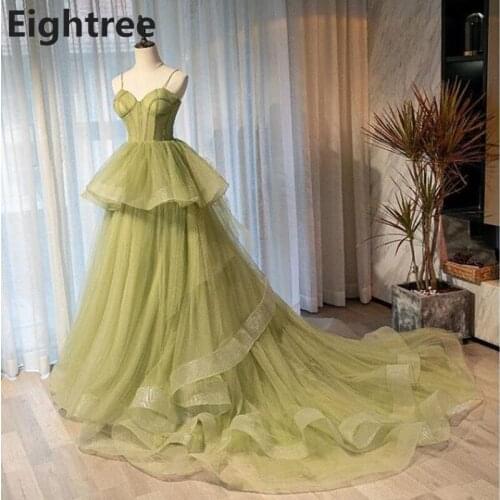 Eightree Elagant Green A Line Long Ruffles Prom Dresses Sweetheart Spaghetti Straps Tulle Tiered Formal Evening Party Gown Dress