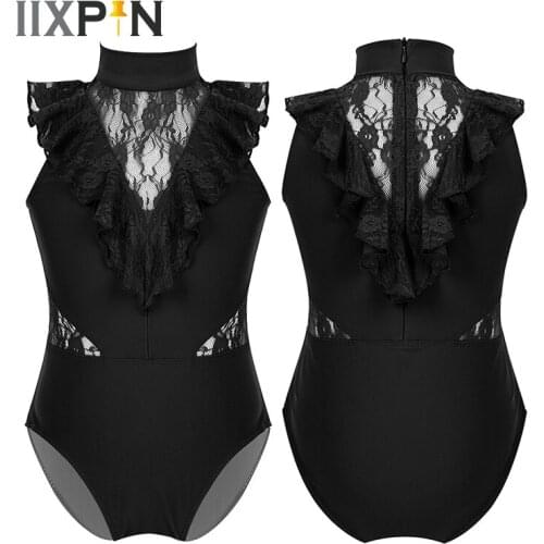 Gymnastics Leotard for Girls ballet leotard Sleeveless Ruffled Lace Splice Back Zipper Closure Ballet Dance costume Kid Jumpsuit