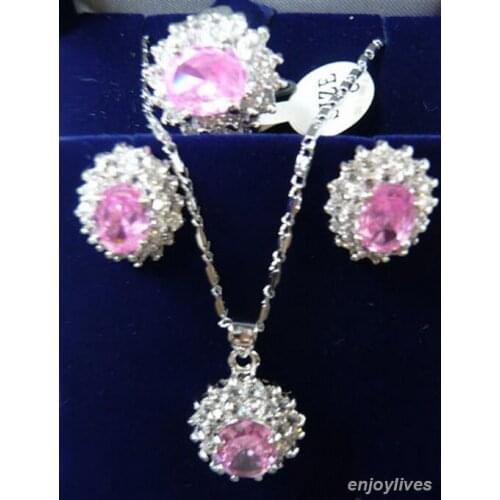 Hot sale Pink Cubic Zirconia White stone Crystal Pendant Necklace Earrings Ring Set