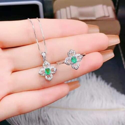 Natural Columbia Emerald S925 Sterling Silver Ring Pendant Necklace Set Fine Fashion Weddings Jewelry for Women MeibaPJFS